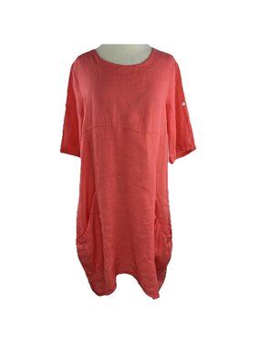 OSO Casuals L Melon Linen Short Roll Tab Sleeves Lagenlook Pockets Italy Dress